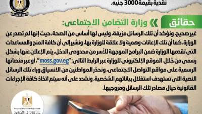 الحكومة تحذر من تداول رسائل هاتفية تفيد صرف 3000 جنيه إعانات نقدية